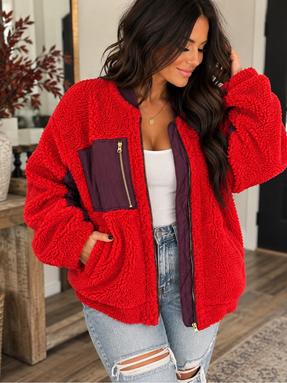 We The Free Red Sherpa Bomber Jacket with Burgundy Quilted Panels